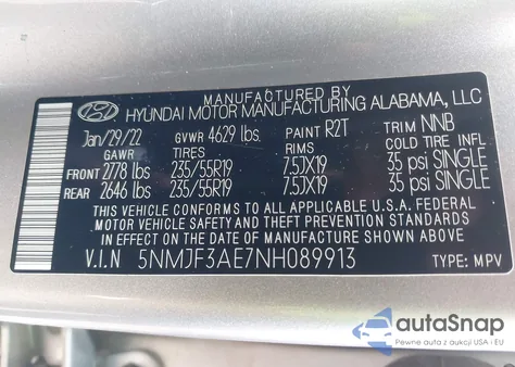 2022 Hyundai Tucson Sel z USA, uszkodzony, nr VIN 5NMJF3AE7NH089913